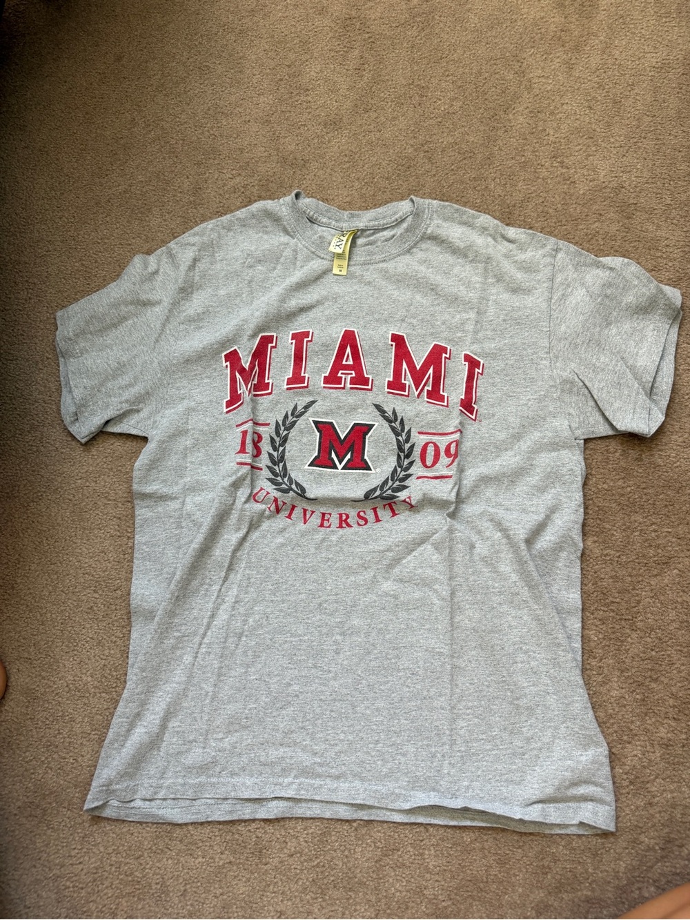 Grey Miami University Tee with Red Lettering